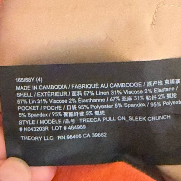 Theory treeca linen blend cropped slim leg pants orange size 4 $245 - Picture 4 of 5